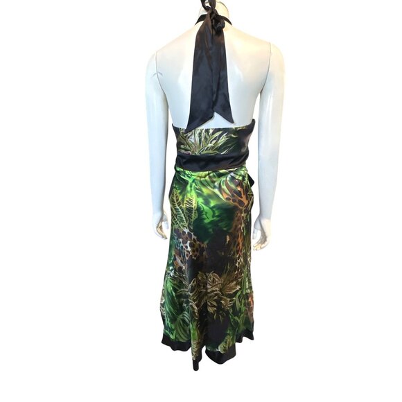 Cache Size Medium Green Jungle Print Silk Halter Dress Tropical Chic Resort Core - Picture 5 of 15